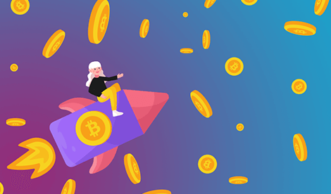 Crypto trader riding on rocket in rain of bitcoin