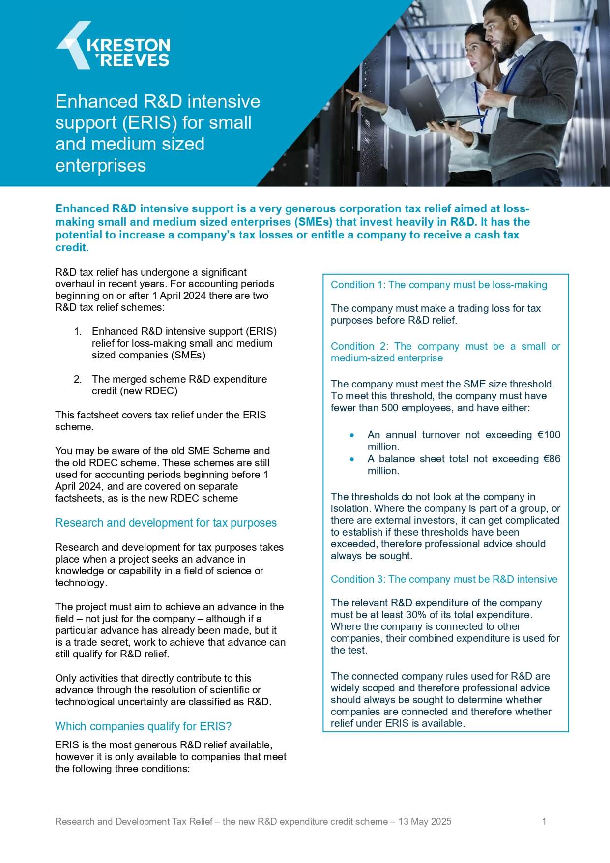 Enhanced RD intensive support (ERIS) for small and medium sized enterprises cover image