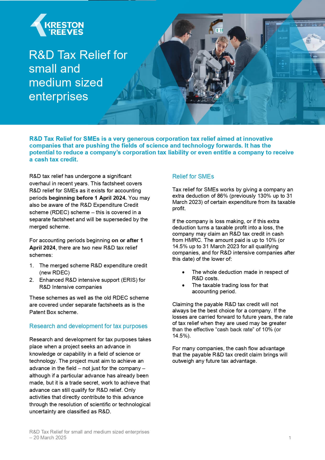 R&D Tax Relief for R&D small and medium sized enterprises 2025